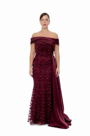 Satin Collar Sequin Plus Size Evening Dress